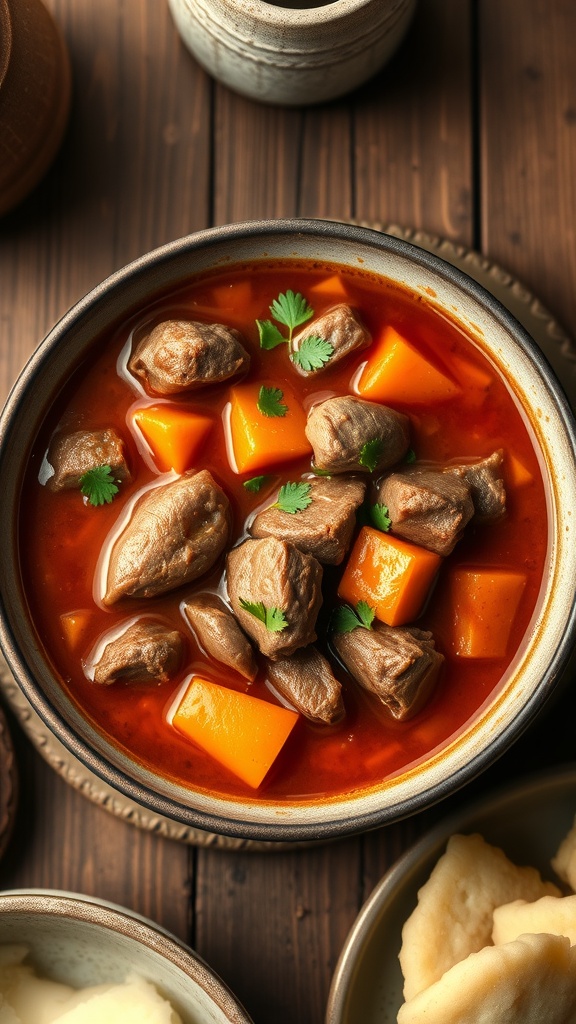 A bowl of Czech beef goulash with dumplings, garnished with parsley, on a rustic wooden table.